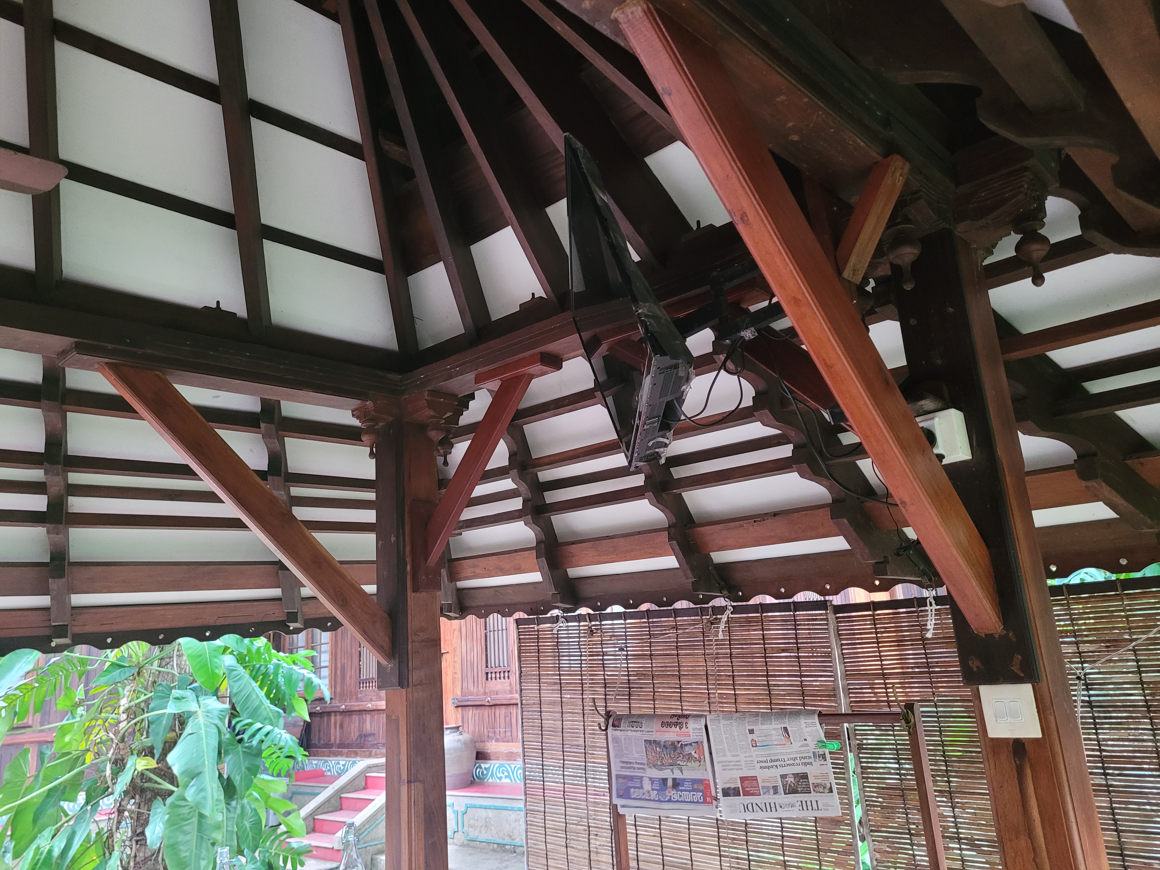 Temple truss repurposed as restaurant ceiling